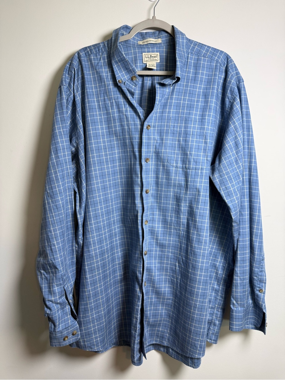 L.L.Bean Men's 2XLT Big & Tall Blue Check Woven Cotton Button-Down Shirt Classic